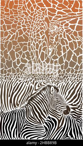 Giraffe und Zebra mit farbigem Hintergrund Stock Vektor