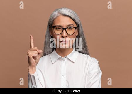 Eureka. Portrait einer inspirierten asiatischen reifen Frau mit langen grauen Haaren, die den Finger mit genialer Idee nach oben zeigt und eine intelligente Lösung erfunden hat. Innenaufnahme des Studios auf beigefarbenem Hintergrund Stockfoto