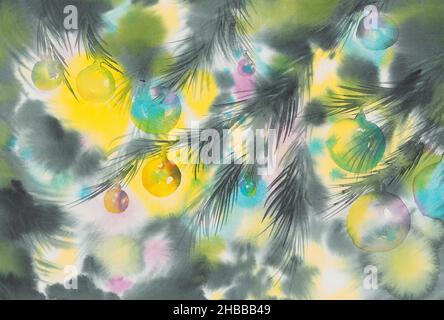 Glühbirnen auf einem Weihnachtsbaum Aquarell Hintergrund Stockfoto