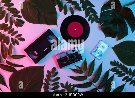 Hintergrund im Retro-Stil. Retro-Kamera, Vinyl-Schallplatte, Audiokassette, vhs zwischen grünen Blättern auf dem Hintergrund mit gradienten neonblau rosa Licht. Draufsicht Stockfoto