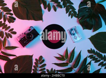 Hintergrund im Retro-Stil. Retro-Kamera, Vinyl-Schallplatte, Audiokassette, zwischen grünen Blättern auf dem Hintergrund mit gradienten neonblau rosa Licht. Draufsicht Stockfoto