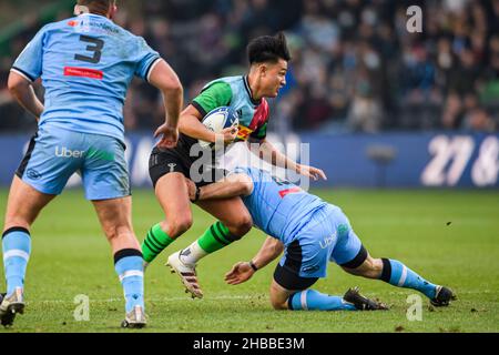 London, Großbritannien. 18th, 2021. Dezember während der Heineken Champions Cup Runde 2 Spiel zwischen Harlequins und Cardiff Rugby im Stoop Stadium am Samstag, 18. Dezember 2021. LONDON, ENGLAND. Kredit: Taka G Wu/Alamy Live Nachrichten Stockfoto