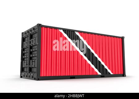 Realistischer Frachtcontainer strukturiert mit Flagge von Trinidad und Tobago. Isoliert. 3D Rendering Stockfoto