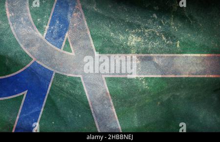 Draufsicht auf die Retro-Flagge von Albany, Oregon, ungebundene Staaten von Amerika mit Grunge-Struktur. USA Patriot und Reisekonzept. Kein Fahnenmast. Plane Design, Lay Stockfoto