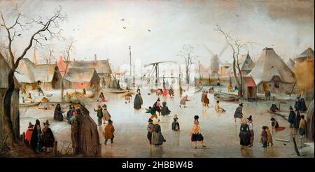 Eislaufen in einem Dorf von Hendrick Avercamp (1585-1634), Öl auf Tafel, c. 1610 Stockfoto