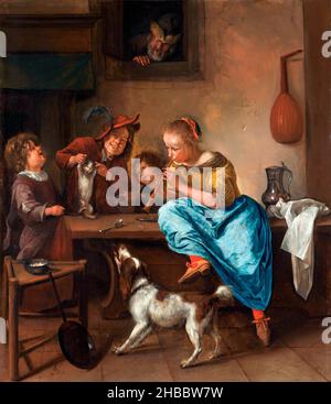 Jan Steen. 'Children Teaching a Cat to Dance, known as 'The Dancing Lesson'' des niederländischen Künstlers aus dem Goldenen Zeitalter, Jan Havickszoon Steen (c. 1626 1679), Öl auf Platte, c. 1660-79 Stockfoto