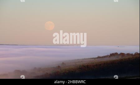 Campsie Fells, Schottland, Großbritannien. 18th Dez 2021. Wetter in Großbritannien - der aufsteigende Mond über einer atemberaubenden Wolkeninversion über Stirling, sichtbar von den Campsie Fells Quelle: Kay Roxby/Alamy Live News Stockfoto