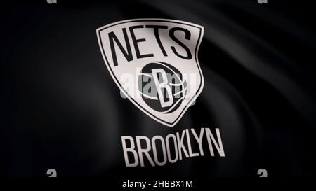 Animation der Flagge mit dem Symbol der Basketball Brooklyn Netze. Stockfoto