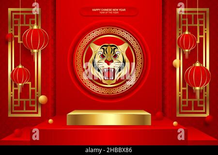Podium glückliches chinesisches Neujahr 2022 mit zwei goldenen Tigern Stock Vektor