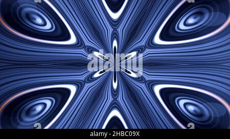 Abstraktes, blaues, symmetrisches Muster, ornamentales dekoratives Kaleidoskop mit bewegten geometrischen Figuren in Sternform, nahtlose Schleife. Wunderschönes Illustrat Stockfoto