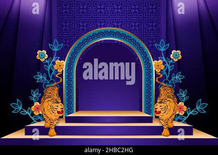 Blaue Podium runde Bühne mit Tiger und floralen chinesischen traditionellen Vektor-Bild Stock Vektor