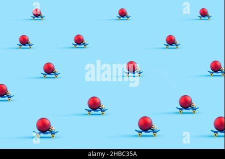 Nahtloses Muster aus roten Weihnachtskugeln auf kleinen Skateboards isoliert auf blauem Hintergrund Stockfoto