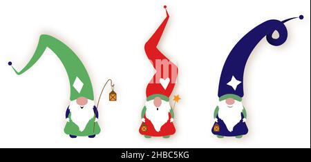 Set aus Weihnachtsgnome, skandinavischen nordischen Gnome, niedlichen Weihnachtsmann Gnome Elf. Vektorgrafik isoliert auf weißem Hintergrund. Weihnachtselemente Stock Vektor