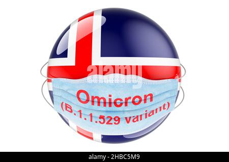 Omicron Coronavirus Variante B.1.1.529 in Island, Konzept. Isländische Flagge mit medizinischer Maske. 3D Darstellung isoliert auf weißem Hintergrund Stockfoto