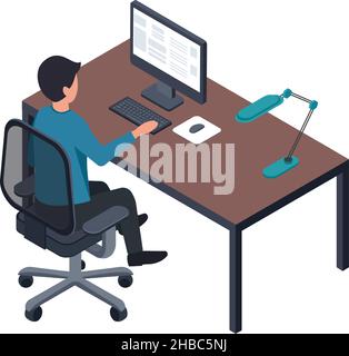 Mann am Arbeitsplatz verwendet Computer, Entwickler oder Designer. Vector Mann im Büro, arbeiten mit Design am Tisch, Illustration der modernen Arbeitsraum Stock Vektor