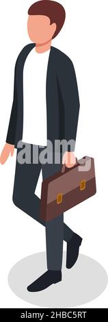 Selbstbewusster Geschäftsmann mit Aktentasche, der zur Arbeit geht. Illustration: Manager Person in Anzug, männliche Vektor-Arbeiter, selbstbewusste und professionelle junge Person Stock Vektor