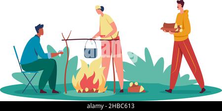 Menschen kochen Essen am Lagerfeuer, Erholung im Freien. Erholung Sommertourismus, Reise Picknick und Camping im Freien, Vektor-Illustration Stock Vektor