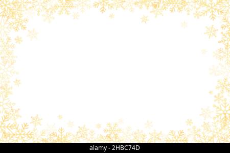 Rahmen mit goldenen Schneeflocken. Schnee-Effekt auf weißem Hintergrund. Weihnachtsvorlage für Einladung oder Banner. Feiertagsdekoration mit Schneeflocken. Vektor Stock Vektor