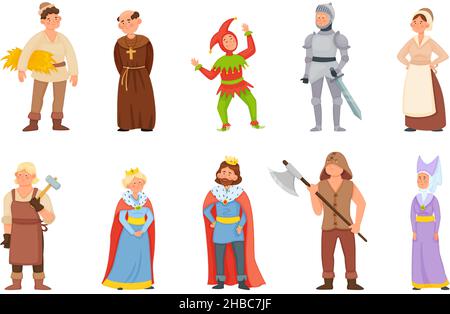 Cartoon historischen mittelalterlichen Figuren, König und Königin, Prinzessin. Ritter des mittleren Alters, Schmied, Bauer, Narr Charakter Vektor-Set. Frau und Mann in alten Märchen- oder Legendenkleidung Stock Vektor