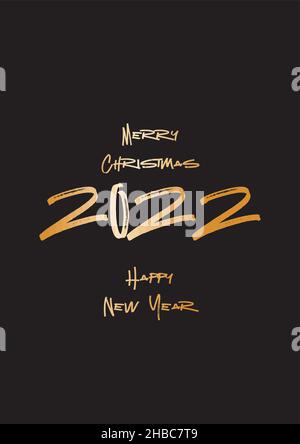 Frohes neues Jahr 2022. Weiße Papierzahlen mit goldener Weihnachtsdekoration und Konfetti auf dunkelblauem Hintergrund. Grußkarten im Weihnachtsdesign. Stock Vektor