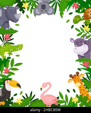 Cartoon Dschungel Rahmen mit niedlichen afrikanischen Tieren und tropischen Blättern. Tierfiguren im Regenwald Grenzen mit Platz für Text-Vektor-Hintergrund. Flamingo, Nashorn, Giraffe für Einladungskarte Stock Vektor