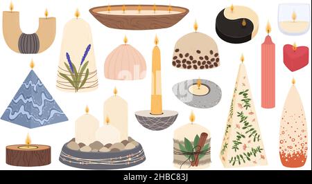 Duftkerzen in verschiedenen Formen, aromatische brennende Wachskerze. Dekoratives Kerzenlicht mit Blumen, Spa Aromatherapie Kerzen Vektor-Set. Home Inneneinrichtung für Harmonie und Meditation Stock Vektor