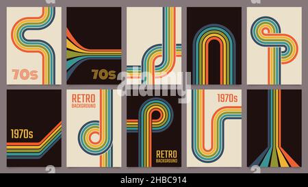 Retro 70s geometrische Poster, Vintage-Regenbogenfarben-Liniendruck. Groovig gestreiftes Design Poster, abstrakt 1970s bunte Hintergrund Vektor-Set. Minimalistischer, altmodischer Einband für Kunstwerke Stock Vektor