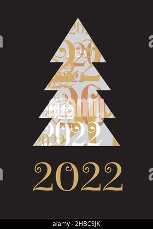 2022 Frohes neues Jahr. Happy New Year Banner mit goldenen Metallic-Zahlen Datum 2022. Dunkler Luxus-Hintergrund. Vektorgrafik. Stock Vektor