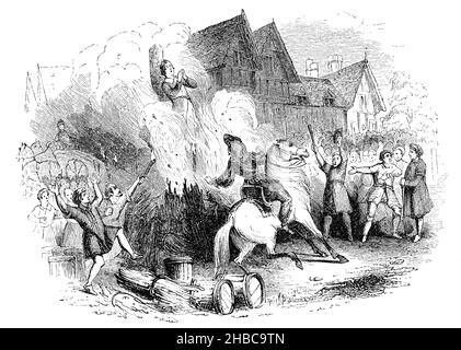 Illustration aus John Bunyans „Pilgrim’s Progress“, 1845 Gravur des Martyriums o Faithful, brennend auf dem Spiel in Vanity Fair, gedruckt für das Relig Stockfoto