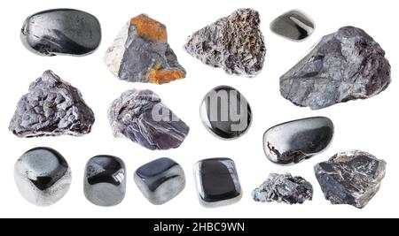 Satz von verschiedenen Hämatit-Steinen auf weißem Hintergrund geschnitten Stockfoto