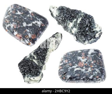 Set aus verschiedenen Hornblende Steinen auf weißem Hintergrund geschnitten Stockfoto