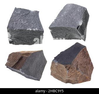 Set aus verschiedenen Hyalobasalt (Glasbasalt, Tachylit) Steinen auf weißem Hintergrund Stockfoto