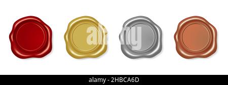 Roter und goldener Wachssiegelstempel, Silber- oder Platin-Zertifikatssiegel. Realistisches Wachs Medaillon Signatur Stempel, versiegelte Buchstaben Etiketten Vektor-Set. Königliche Garantie für Scroll oder Zertifikat Stock Vektor