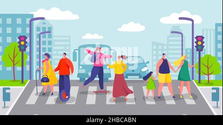 Gruppe von Menschen, die die Stadtstraße überqueren, Fußgänger, die auf dem Fußgängerüberweg laufen. Zeichen überqueren Straße auf Fußgängerüberweg Vektor-Illustration. Junge und Mädchen auf Skateboard und Einrad, Frau mit Telefon Stock Vektor