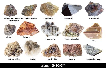 Set aus verschiedenen braunen groben Mineralien mit Namen, die auf weißem Hintergrund ausgeschnitten sind Stockfoto