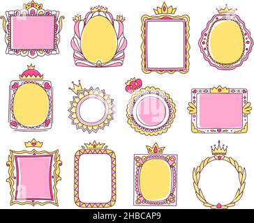 Niedliche handgezeichnete rosa Prinzessin Rahmen mit Kronen. Skizze Foto oder Spiegel Rahmen mit Tiara, girly Doodle Grenze für Baby Prinzessinnen Vektor-Set. Königlich romantischer Rahmen mit Wirbeln isoliert auf Weiß Stock Vektor
