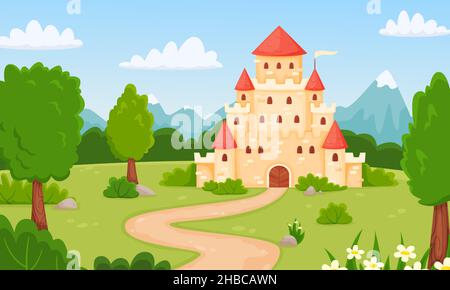 Cartoon mittelalterliche Burg, märchenhafte Landschaft mit Prinzessin Palast. Magische Königreich Festung im Wald, Kinder Märchen Vektor Illustration. Königliche historische Villa mit schöner Natur Stock Vektor