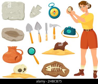 Cartoon archäologische Werkzeuge und Ausrüstung, antike Artefakte und Fossilien. Archäologe bei der Arbeit, Archäologie Expedition Elemente Vektor-Set. Weiblicher Charakter, der Knochen erforscht, Ausgrabungskonzept Stock Vektor