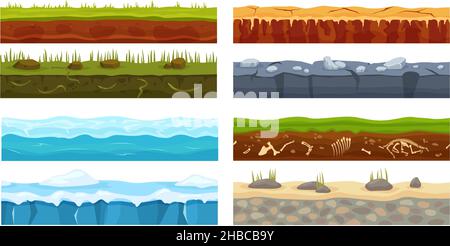 Cartoon nahtlose Boden Textur, Spiel Vordergrund Design-Elemente. Gras, Erde, Wüste, Eis, Ozean Gaming Landschaft Boden Vektor-Set. Gestein- und Landebenenstrukturen, Geologie-Konzept Stock Vektor