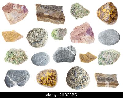 Set aus verschiedenen Sandsteinsteinen auf weißem Hintergrund Stockfoto