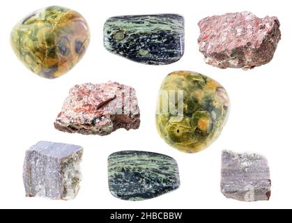 Set aus verschiedenen Rhyolith-Steinen auf weißem Hintergrund Stockfoto