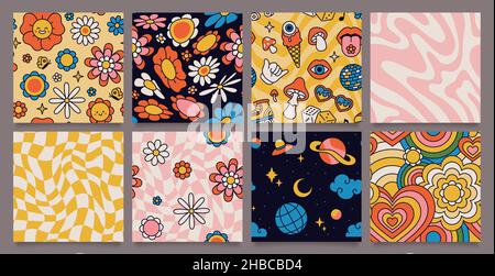 Retro 70s psychedelische nahtlose Muster, groovige Hippie-Hintergründe. Cartoon funky Print mit Blumen und Pilzen, Hippie-Muster Vektor-Set. Kosmos mit ufo-Raumschiff und Sternen, florales Design Stock Vektor