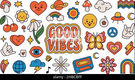 Retro 70s groovige Elemente, niedliche flippige hippy Aufkleber. Cartoon Gänseblümchen, Pilze, Friedenszeichen, Herz, Regenbogen, Hippie Sticker Vektor-Set. Positive Symbole oder Abzeichen auf Weiß isoliert Stock Vektor