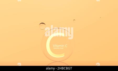 Das Vitamin C Ascorbinsäure-Konzept auf orangefarbenem hellem Hintergrund Abbildung 3D Rendering.Transparente Kugeln Tropfen Vitamin C orange. Vitamin C-Schönheit Stockfoto