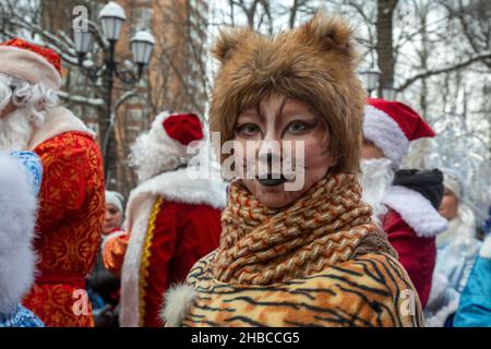 Khimki, Russland. 18th. Dezember 2021 Ein Teilnehmer der traditionellen Weihnachtsmann-Parade im Bild einer Tigerin geht durch den Park in der Stadt Khimki, Region Moskau, Russland. 2022 Jahre wird der Tiger im chinesischen oder östlichen Kalender sein Stockfoto