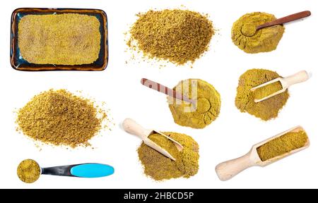 Set von georgischen Gewürzmischung khmeli suneli Ausschnitt auf weißem Hintergrund Stockfoto
