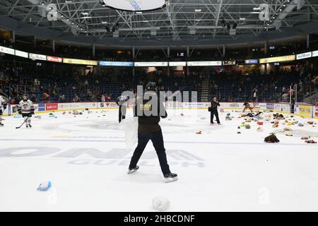 Ontario, Kanada. 18th. Dezember 2021, Guelph, Ontario, Kanada. Wenn das Heimteam (Guelph Storm) den ersten Tor erzielt, werden Teddybären auf das Eis geworfen und an wohltätige Organisationen in ihren Gemeinden verteilt. Luke Durda/Alamy Live-Nachrichten Stockfoto