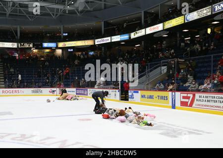 Ontario, Kanada. 18th. Dezember 2021, Guelph, Ontario, Kanada. Wenn das Heimteam (Guelph Storm) den ersten Tor erzielt, werden Teddybären auf das Eis geworfen und an wohltätige Organisationen in ihren Gemeinden verteilt. Luke Durda/Alamy Live-Nachrichten Stockfoto