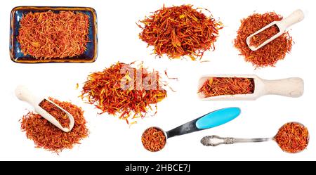Set aus getrockneten Saflor-Blütenblättern auf weißem Hintergrund Stockfoto