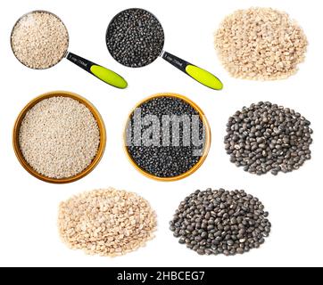 Set aus Urad dal Mungbohnen, Ausschnitt auf weißem Hintergrund Stockfoto